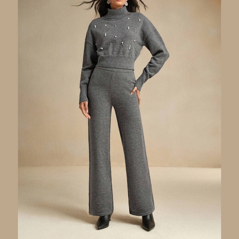 Gray Rhinestone Embellished Knit Turtleneck Sweater / Wide Leg Pants Set